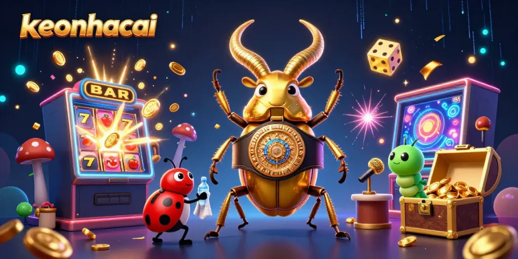 Experience keonhacai excitement with a golden stag beetle champion, dynamic gaming elements, and vibrant casino visuals.
