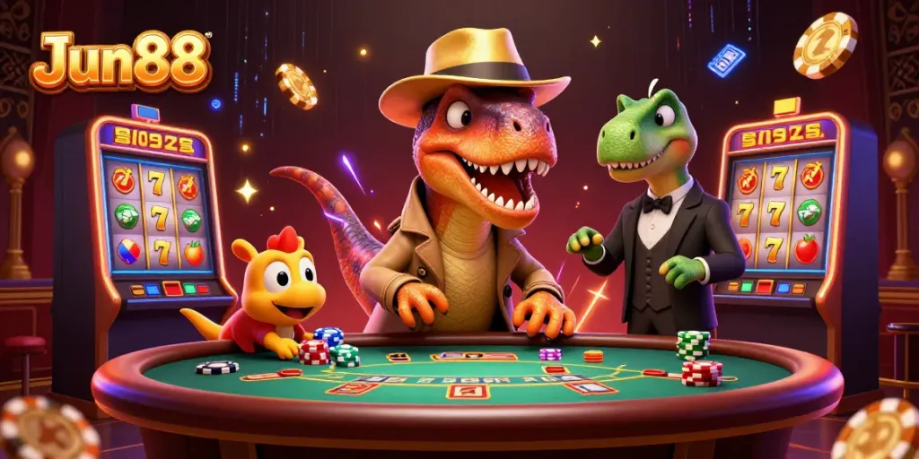 Jun88 casino illustration featuring a velociraptor card counter and a stegosaurus pit boss in an exciting blackjack scene.