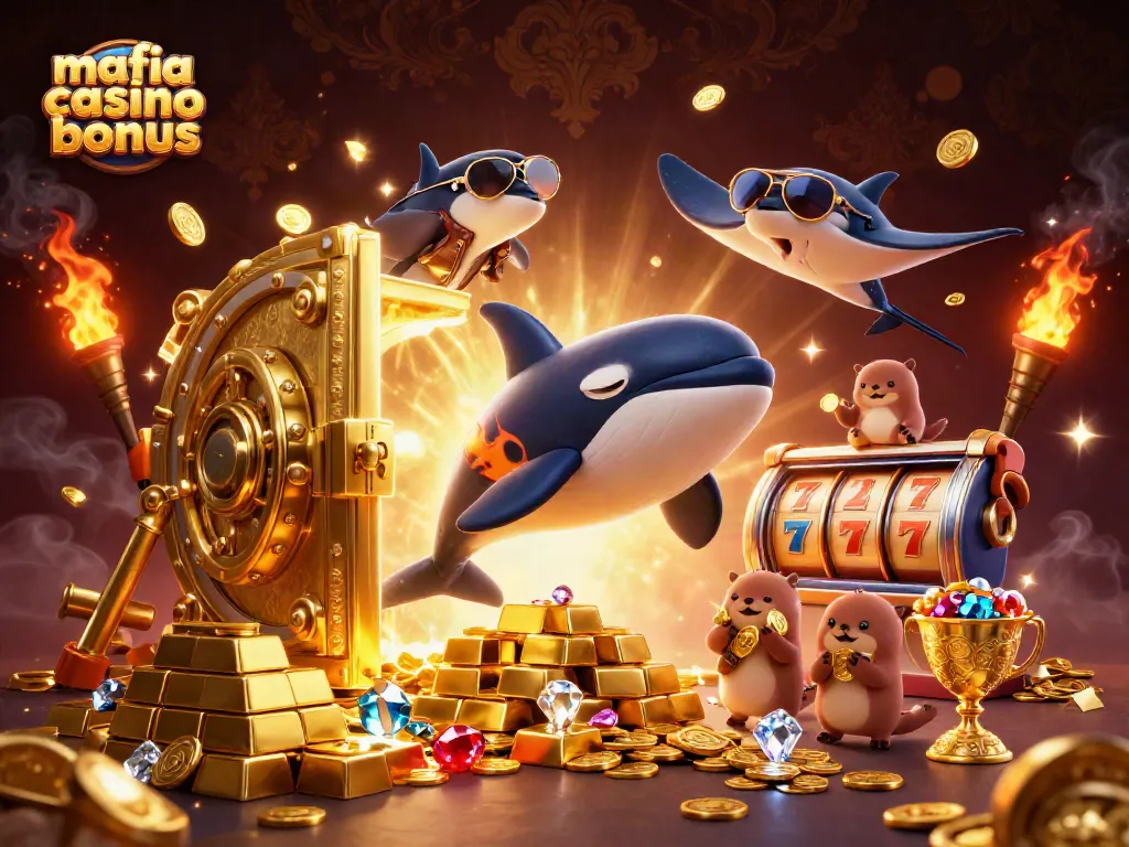 Mafia casino bonus scene with an orca, stingray, and otters amidst gold coins and slot reels.