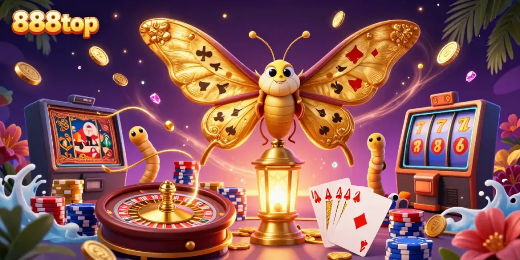 Experience the excitement of 888top with a vibrant 3D casino world filled with rich symbols and majestic moth