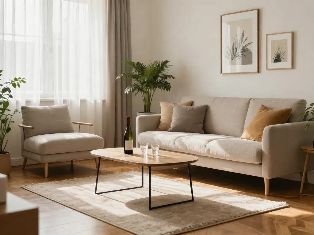 Luxury discreet apartment with inviting living space and calming ambiance.