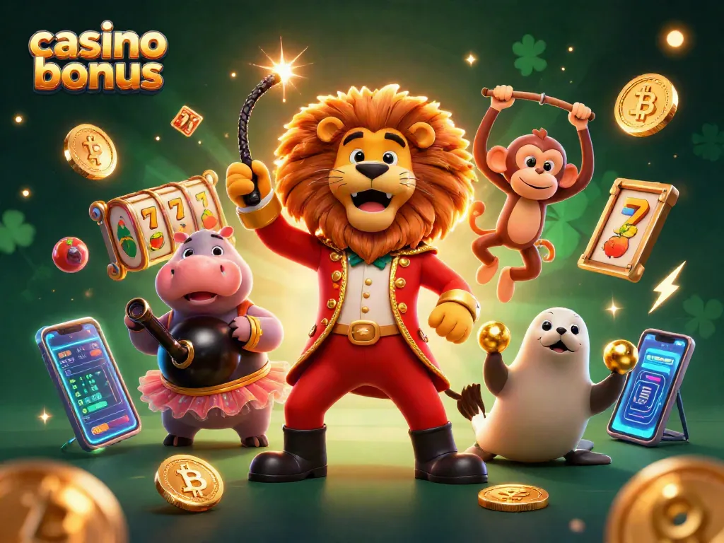 Engage with casino bonus excitement through vibrant 3D illustration featuring lively characters and magical casino elements.
