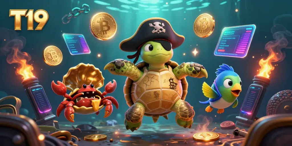 Join T19 with the adventurous pirate turtle, treasure, and crypto coins in a vibrant casino scene.