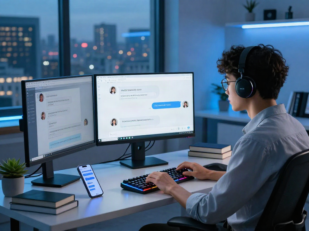 Interactive ai nsfw chat in a modern tech workspace with a developer at a multi-screen setup.