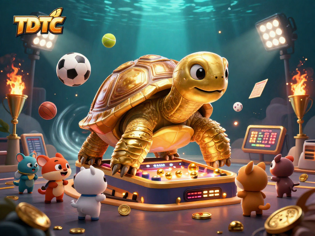 Engage with TDTC's thrilling casino action featuring dynamic sports elements and an animated tortoise.