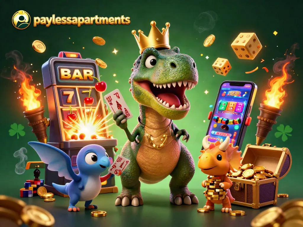 Engage with paylessapartments through a playful casino adventure featuring cartoon dinosaurs and vivid game elements.