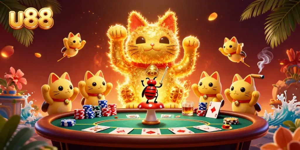 Experience the vibrant world of u88 with a captivating lucky cat and dazzling casino elements.