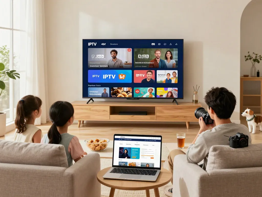 Family enjoying iptv italia streaming on a Smart TV in a cozy living room.
