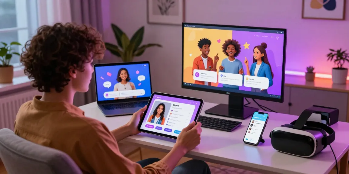 Diverse characters interacting in an AI sex chat app, highlighting engaging digital exchanges in a cozy living room setting.