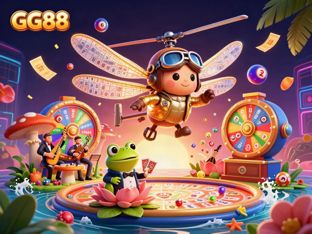 Engaging GG88 gaming scene with a dragonfly pilot, frog croupier, and lively musicians enhancing a vibrant casino environment.