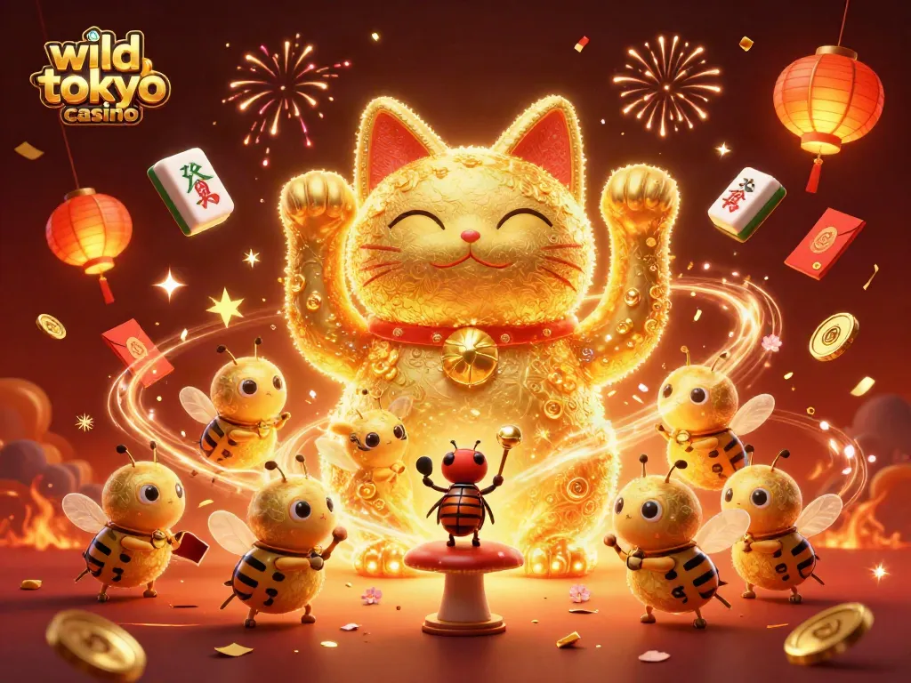Experience the excitement of wild tokyo casino with vibrant animations of lucky symbols and celebratory elements.