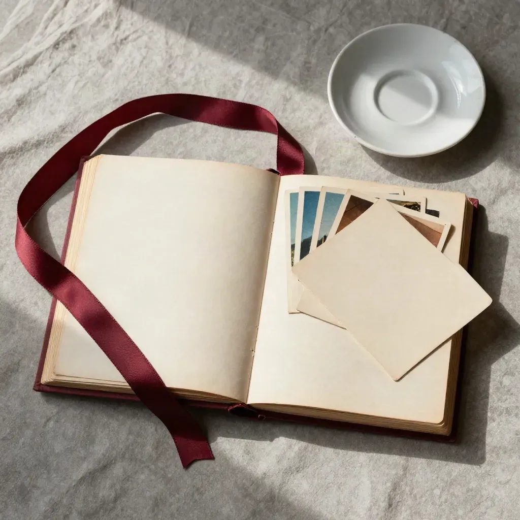 Album di cartoline retrò aperto con buste crema, nastri bordeaux e tazza sbeccata.