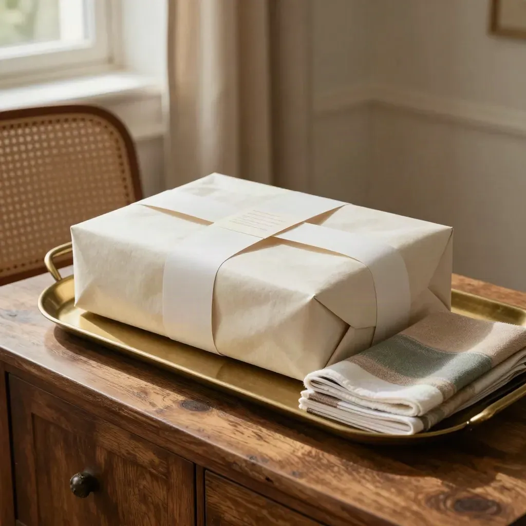 Pacco abbonamento Vintage Life su credenza vintage con booklet, foulard e vassoio in ottone.