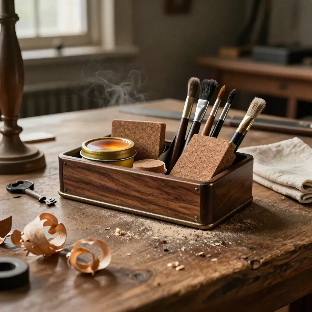 Kit di restauro per tavolini in cassetta di legno su banco da lavoro, con trucioli e gamba di sedia.