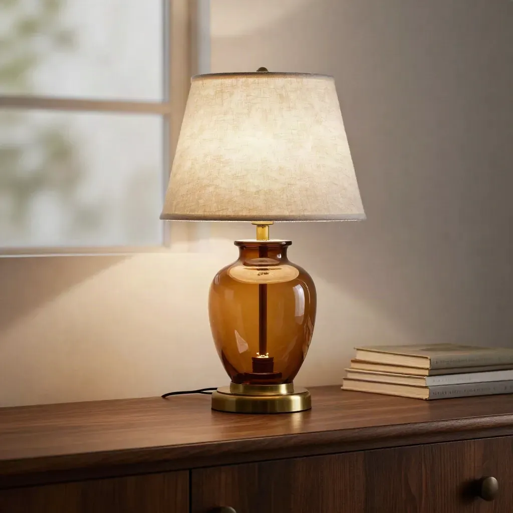 Lampada anni ’50 in vetro ambra su madia intagliata, con libri sfocati sullo sfondo