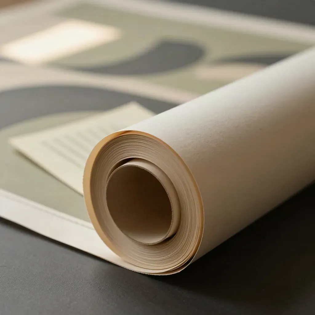 Poster arrotolato con carta materica e luce morbida, elegante stile vintage editoriale.
