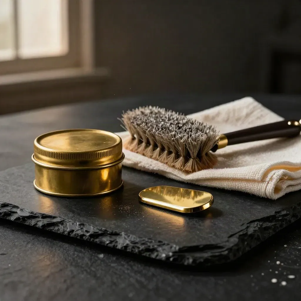 Kit pulizia ottone con tin, spazzola, panno e pezzo in ottone lucidato su fondo scuro