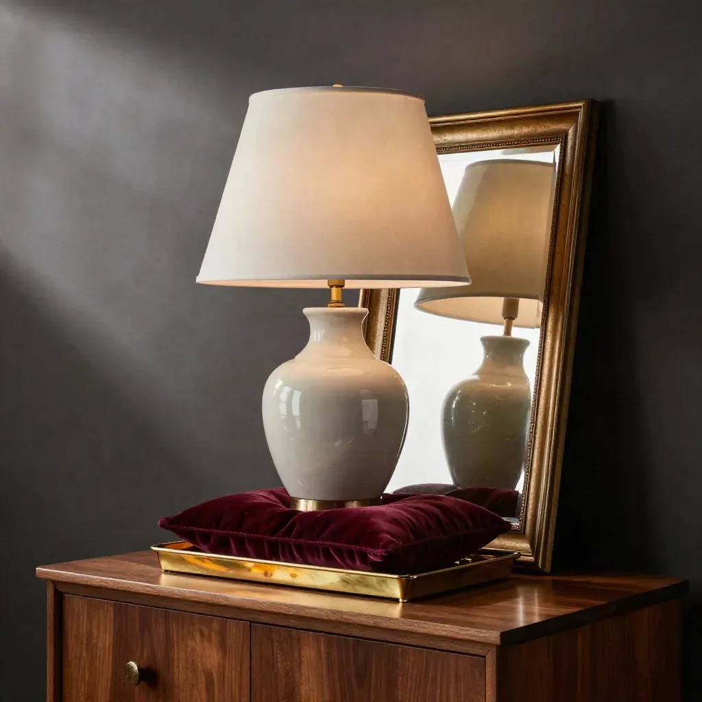 Lampada ceramica, cuscino in velluto, vassoio in ottone e specchio retrò in una vignetta calda.