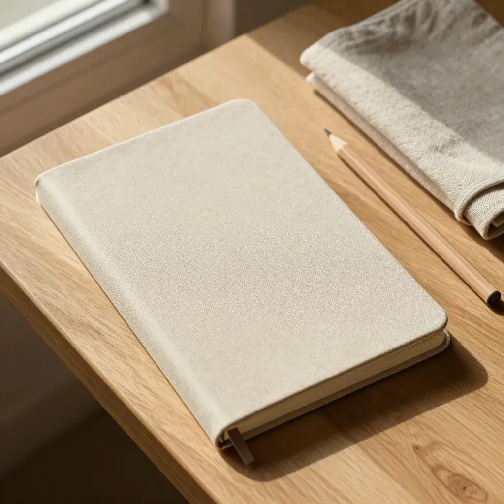 Notebook avorio in tessuto con pagina visibile, matita e lino su legno chiaro.
