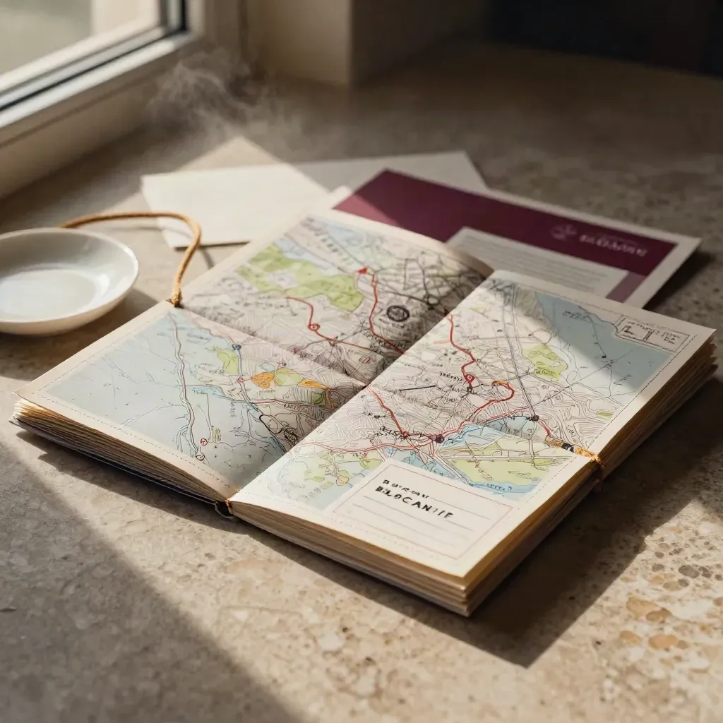 Mappa brocante toscana piegata con cartolina, piattino in ceramica e cordino su travertino.