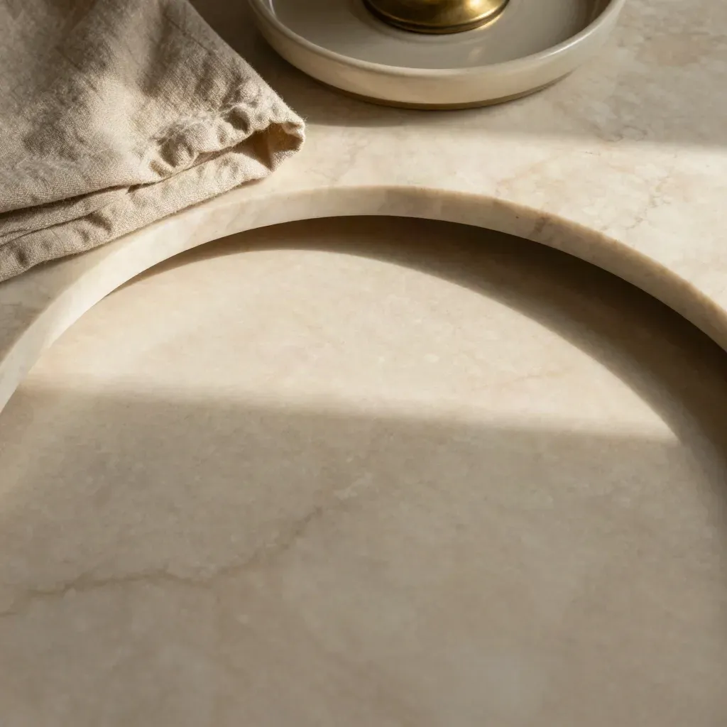 Tavolo in marmo avorio con lino piegato e ombra ad arco, luce pomeridiana calda.