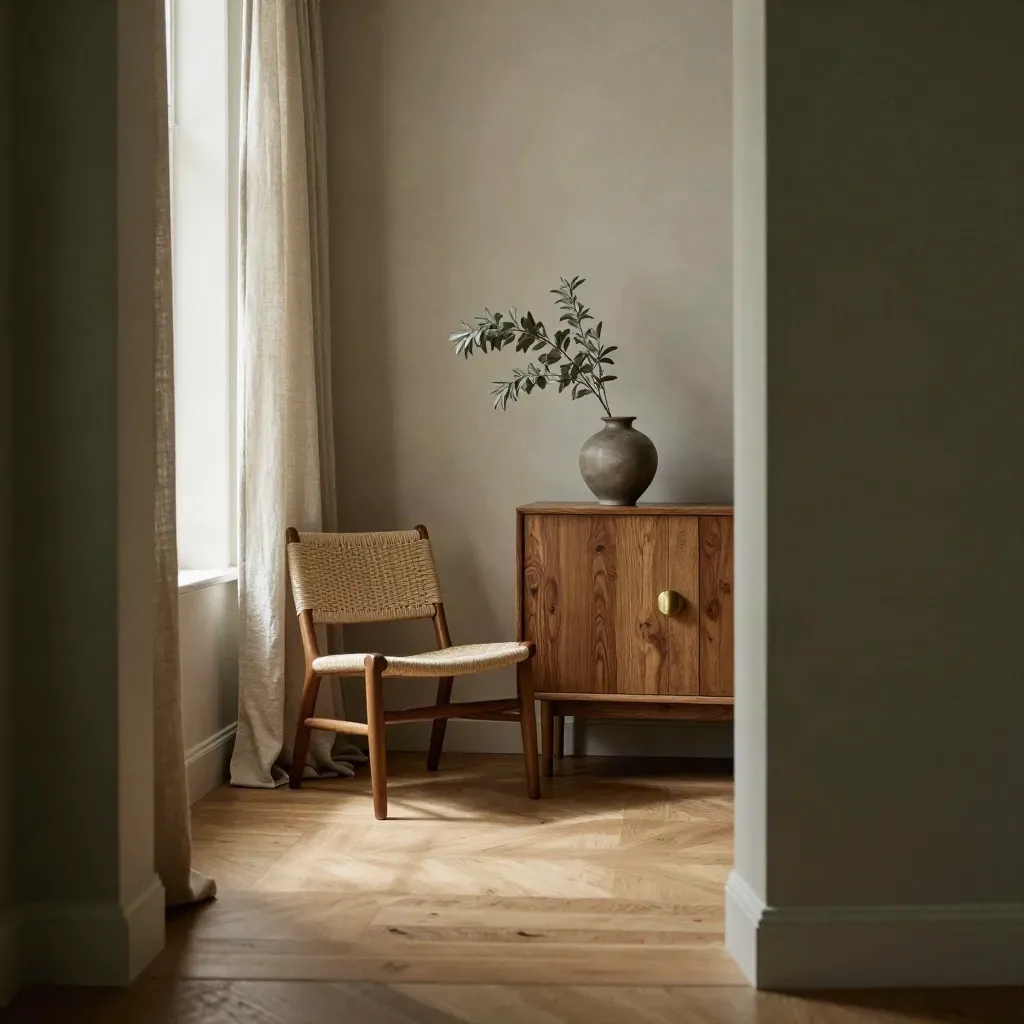 Angolo interno vintage con mobile in rovere, tende in lino, sedia intrecciata e vaso salvia.