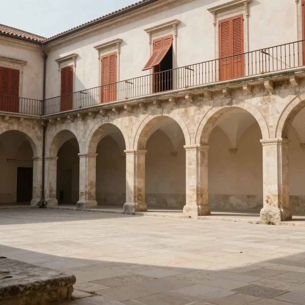 Cortile ad arcate in pietra con persiane terracotta e pavimento chiaro, luce calda e aria velata.