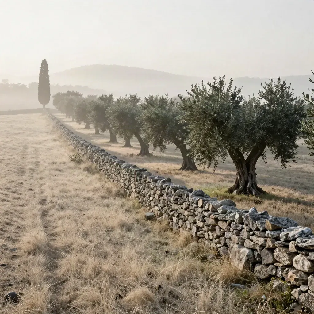 Bordo di uliveto con muretto a secco e cipressi nella nebbia del mattino.