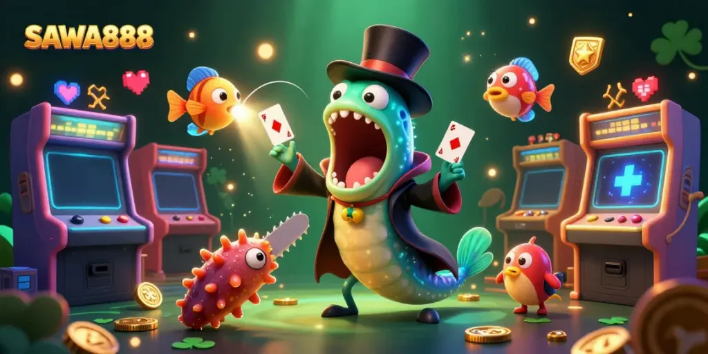 Engaging scene of SAWA888 featuring a gulper eel magician and anglerfish, captivating players with card tricks.