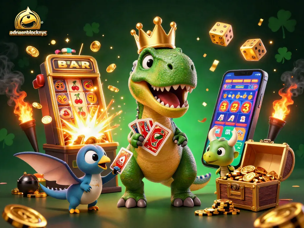 Adriaenblocknyc showcases an exciting 3D casino scene featuring a playful T-Rex, Pterodactyl assistant, and baby Triceratops.