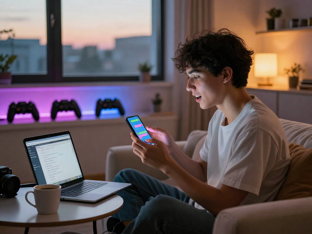 Engaging in ai dirty chat on smartphone in a cozy urban apartment while surrounded by tech gadgets and ambient light.