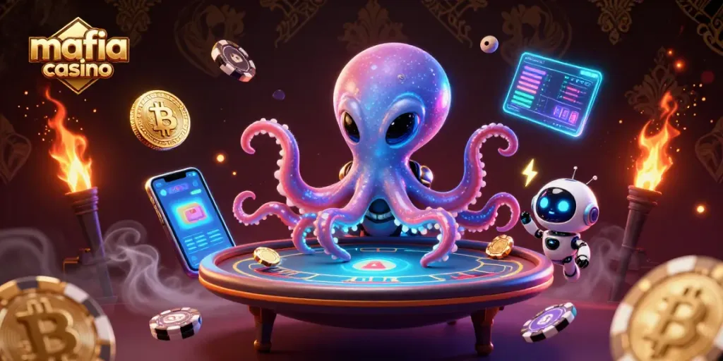 Engage in thrilling games at mafia casino with a vibrant 3D alien octopus and robot duo!