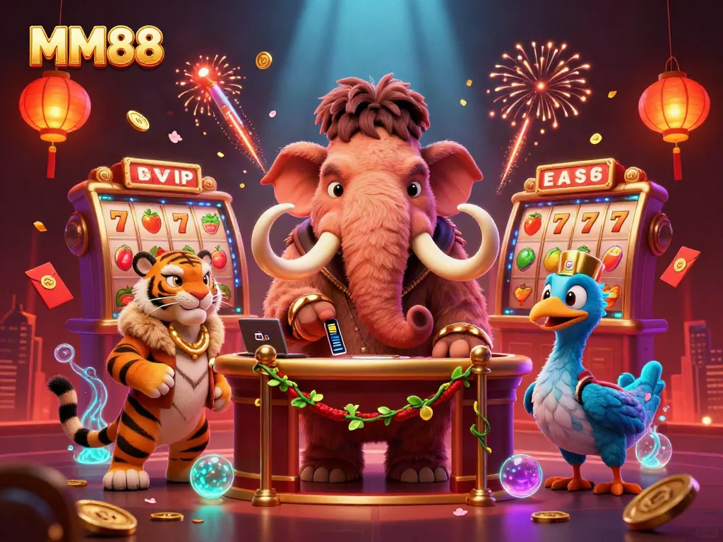 Experience the excitement of MM88 with vibrant slot reels, a woolly mammoth bouncer, and a stylish saber-tooth VIP.