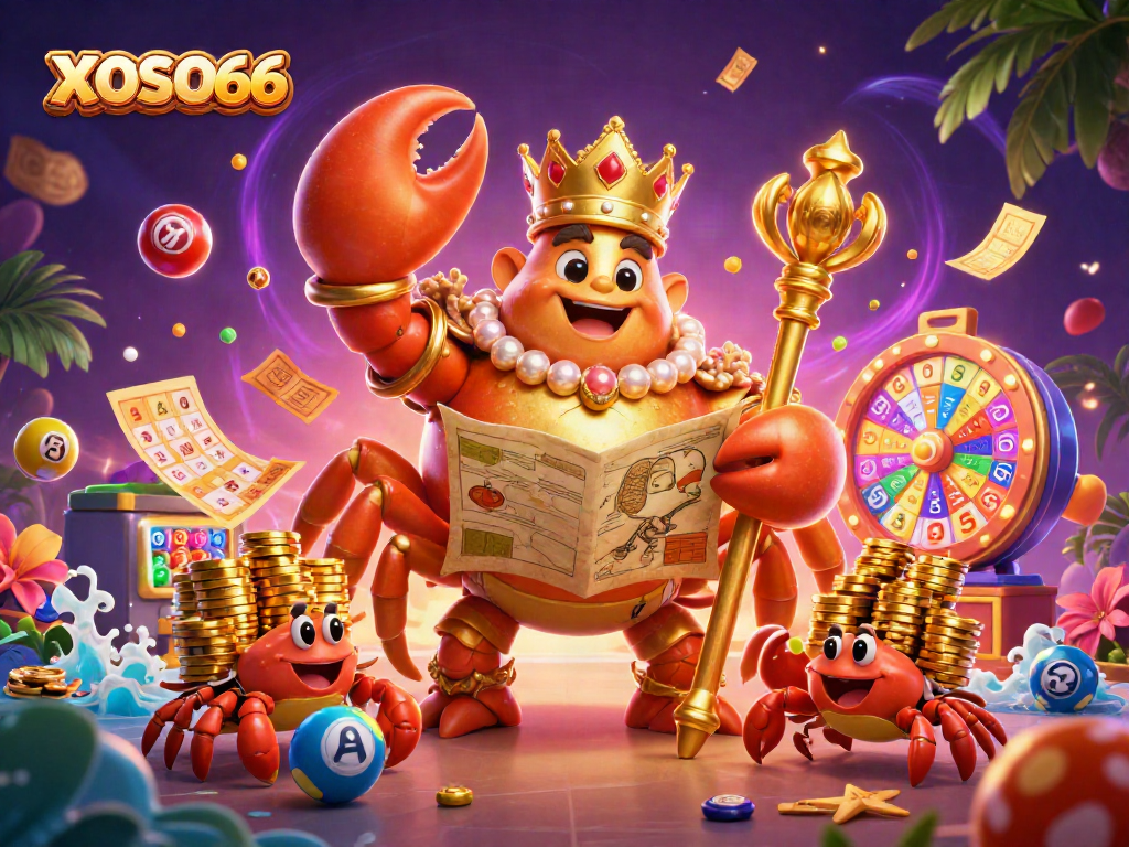 Experience XOSO66's exhilarating gaming with a spectacular crab-themed lottery illustration.