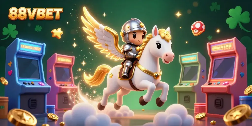 Engage with 88VBET's epic gaming adventures featuring a winged horse and vibrant arcade elements.